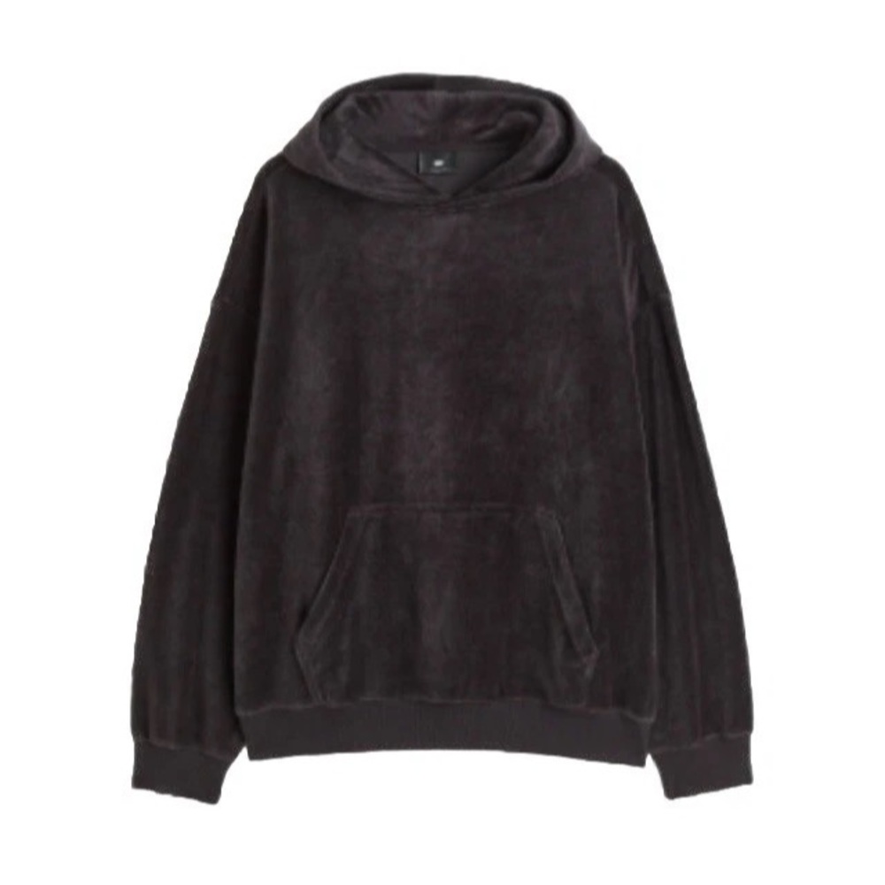 H&M Black Oversized Thick Velour Hoodie Drop Shoulder Pullover Winter Cozy Top M